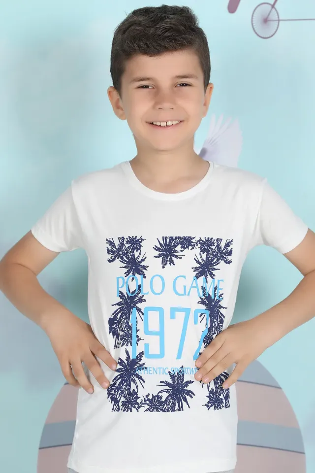 Erkek Çocuk Likralı Ön Baskılı T-shirt Krem