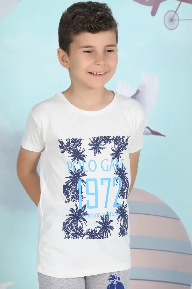 Erkek Çocuk Likralı Ön Baskılı T-shirt Krem