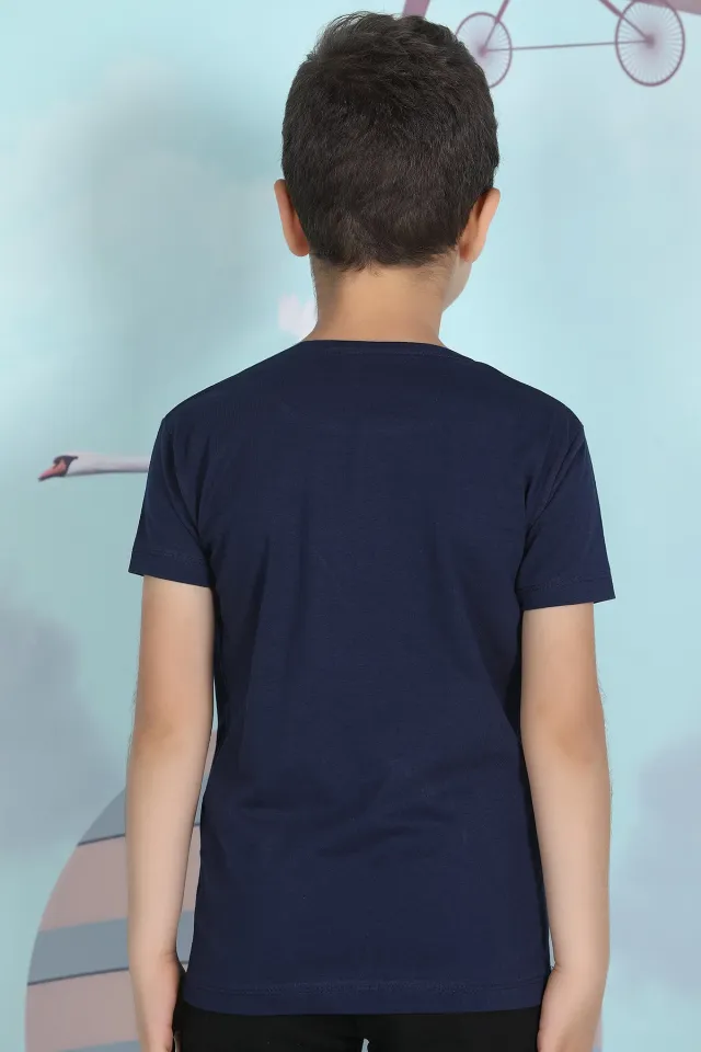 Erkek Çocuk Likralı Ön Baskılı T-shirt Lacivert
