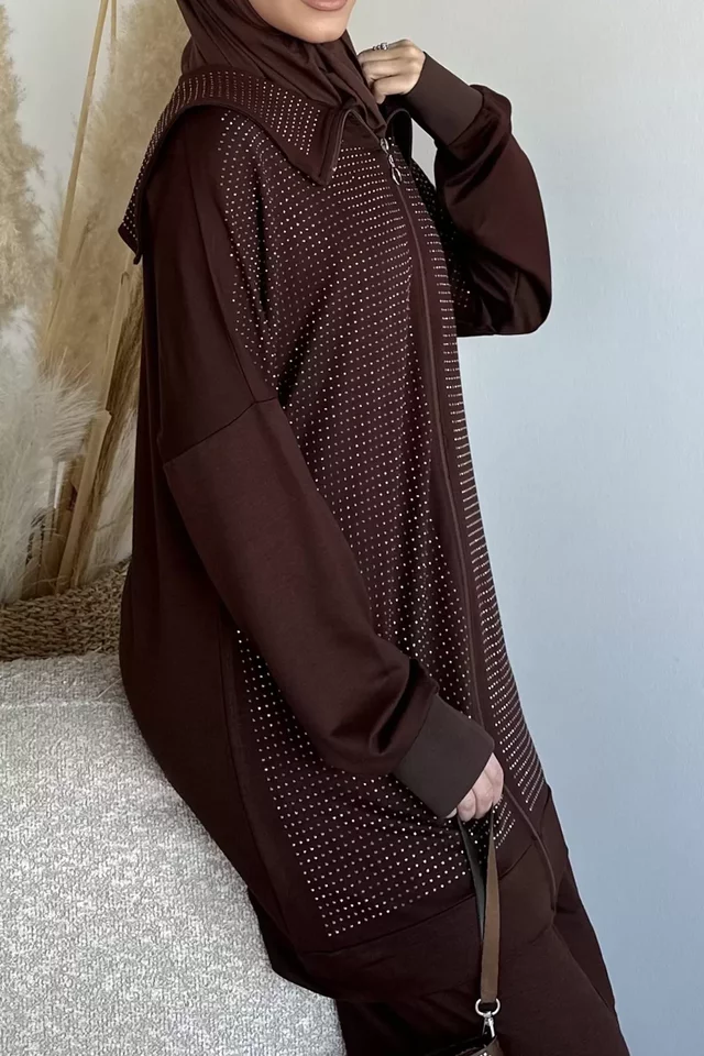 Ön Fermuarlı Taş İşlemeli Tunik Bel Lastikli Pantolon Tesettür İkili Takım