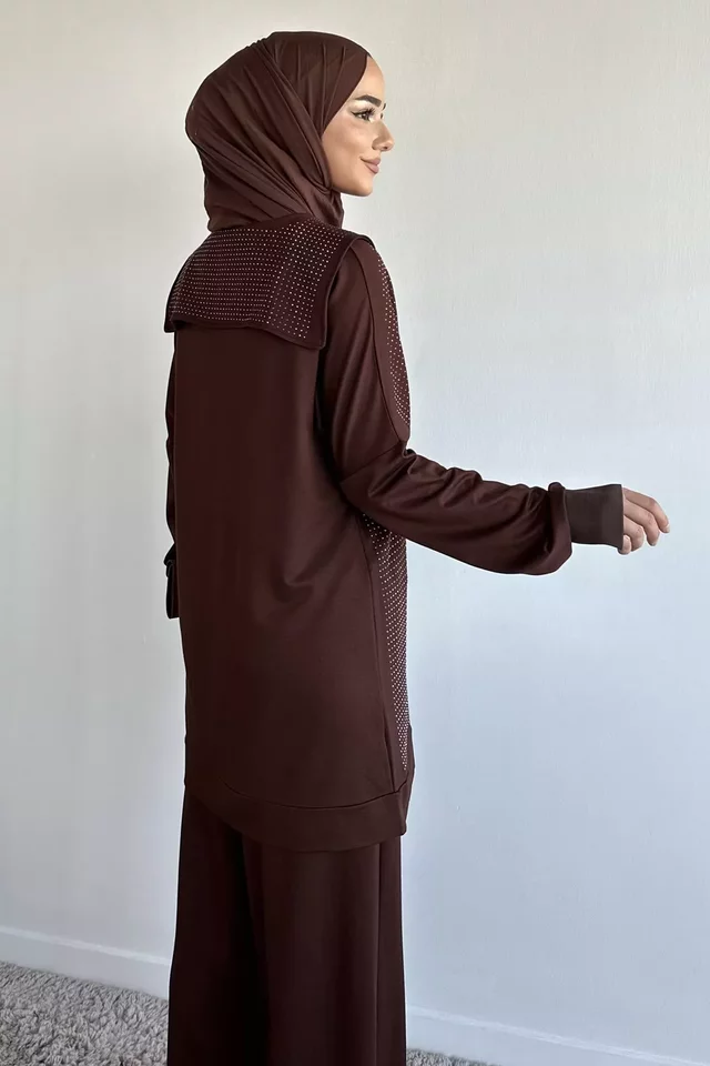 Ön Fermuarlı Taş İşlemeli Tunik Bel Lastikli Pantolon Tesettür İkili Takım