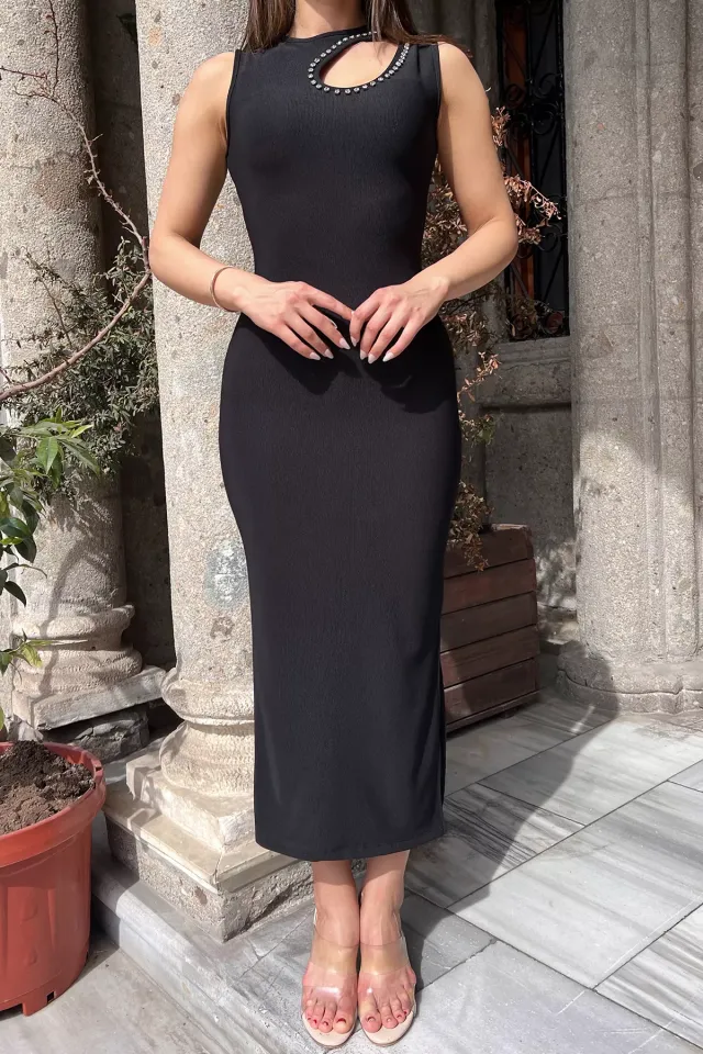 Ön Dekolteli Yırtmaç Detaylı Taş İşlemeli Kadın Fitilli Uzun Elbise Siyah