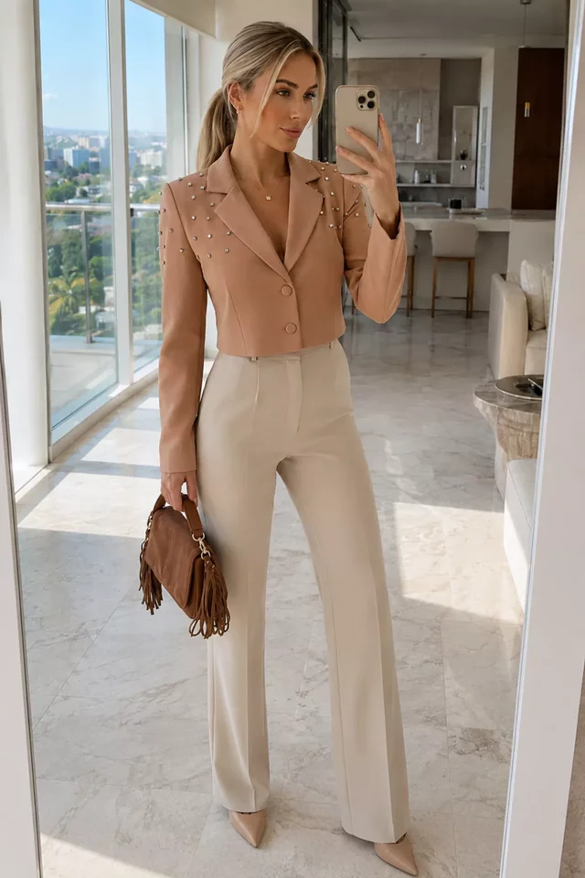 Ön Düğme Detaylı Taş İşlemeli Kadın Kısa Blazer Ceket - 2