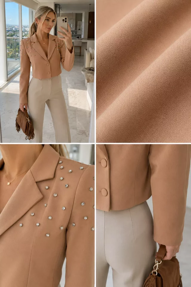 Ön Düğme Detaylı Taş İşlemeli Kadın Kısa Blazer Ceket