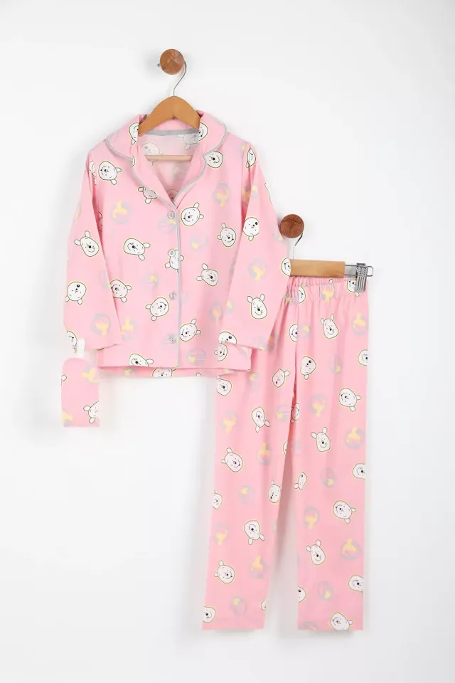 Ön Düğmeli Baskılı Kız Çocuk Pijama Takımı Pembe