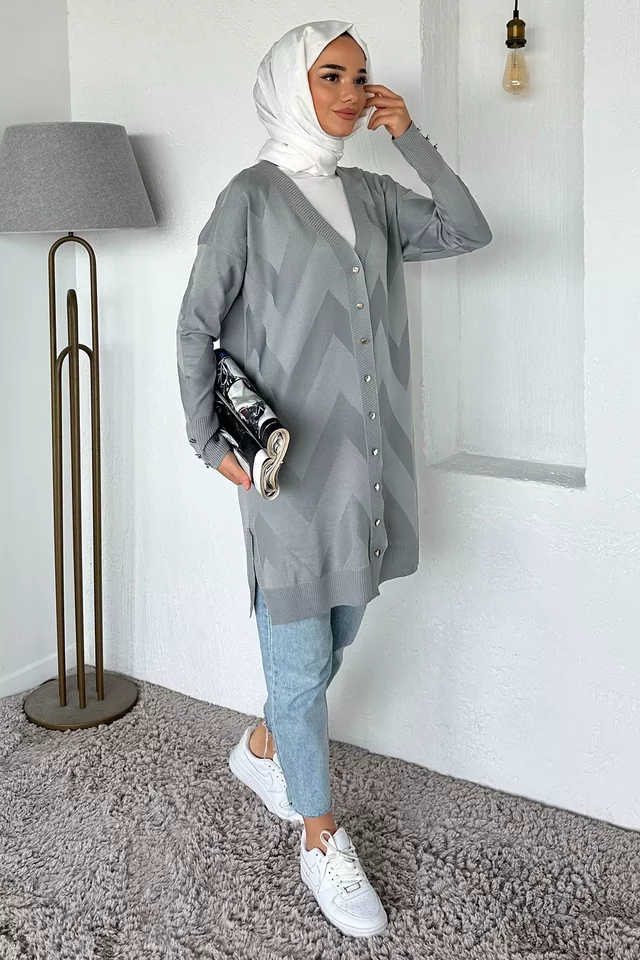 Ön Düğmeli Desenli Tesettür Triko Hırka (m-l-xl Uyumludur)