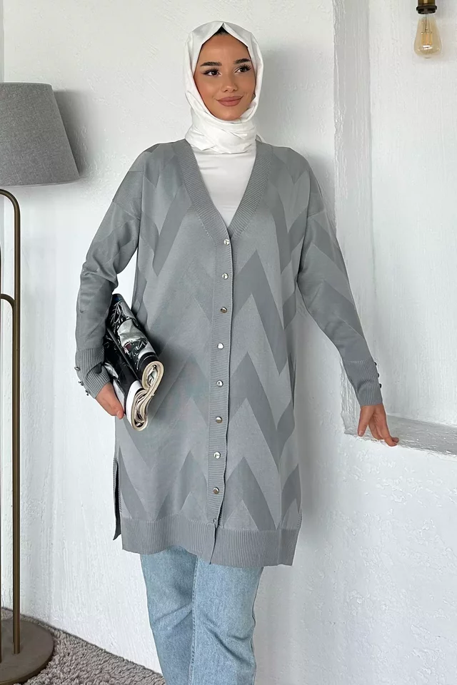 Ön Düğmeli Desenli Tesettür Triko Hırka (m-l-xl Uyumludur)