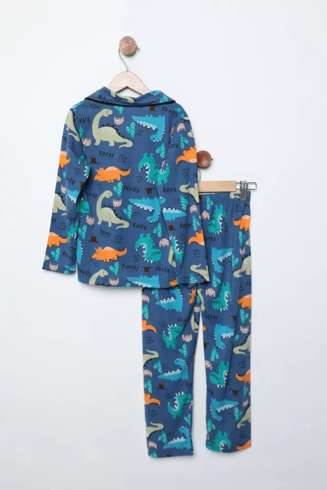 Ön Düğmeli Erkek Çocuk Dinazor Baskılı Pijama Takımı Lacivert