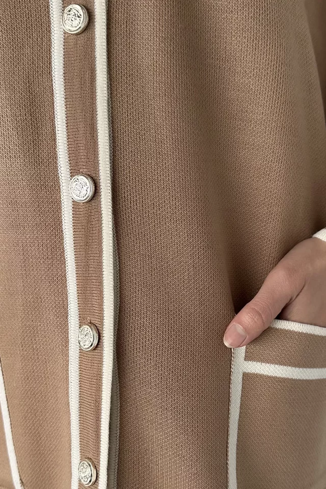 Ön Düğmeli Tesettür Triko Hırka Bel Lastikli Pantolon İkili Takım