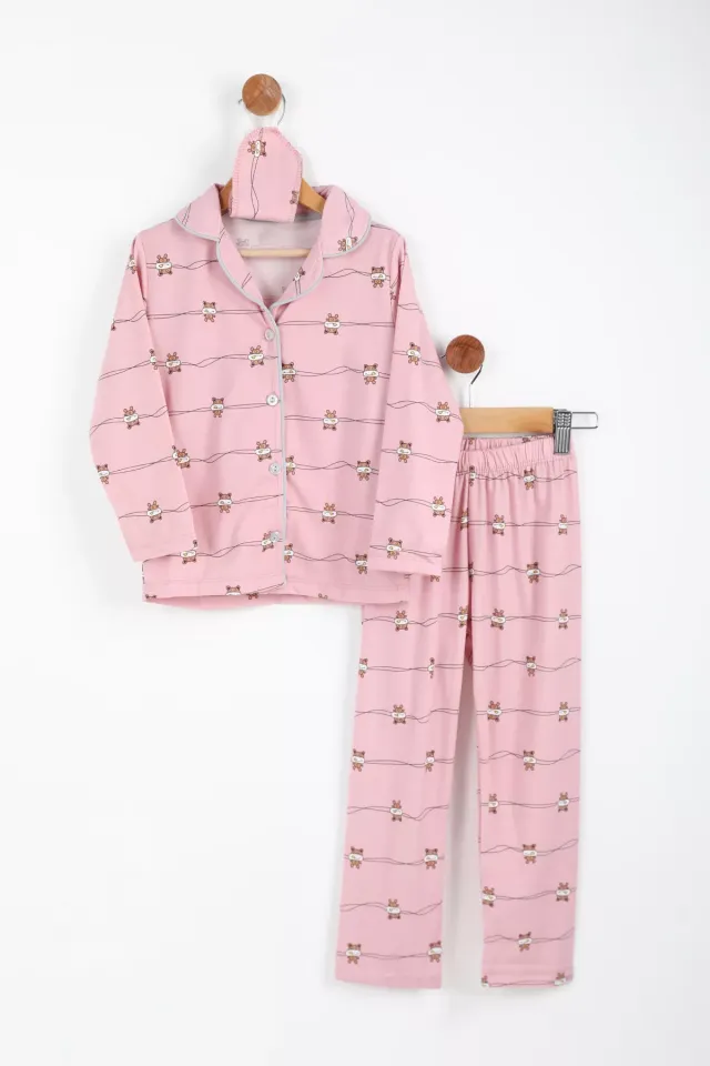 Ön Düğmeli Yakalı Kız Çocuk Desenli Pijama Takımı Pembe