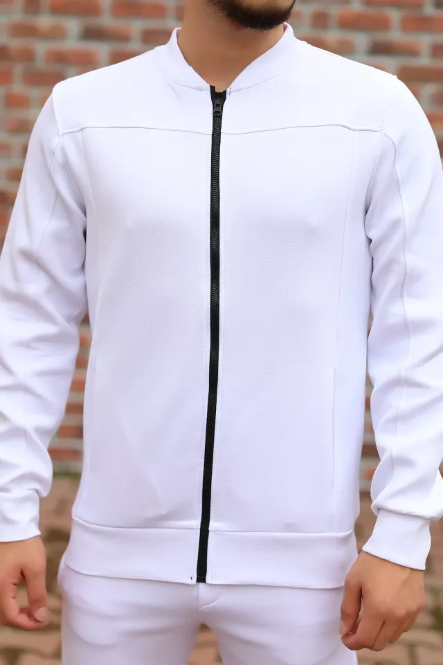 Ön Fermuarlı Cepli Erkek Dalgıç Ceket Beyaz