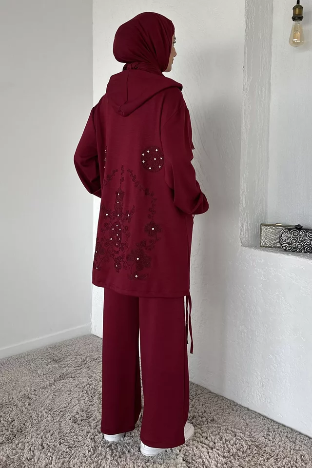 Ön Fermuarlı Kapüşonlu Tunik Bel Lastikli Pantolon Tesettür İkili Takım
