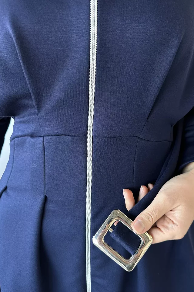 Ön Fermuarlı Pileli Tunik Bel Lastikli Pantolon Tesettür İkili Takım