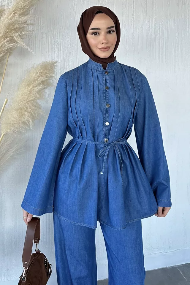 Ön Pileli Düğmeli Tunik Pantolon Tesettür İkili Takım