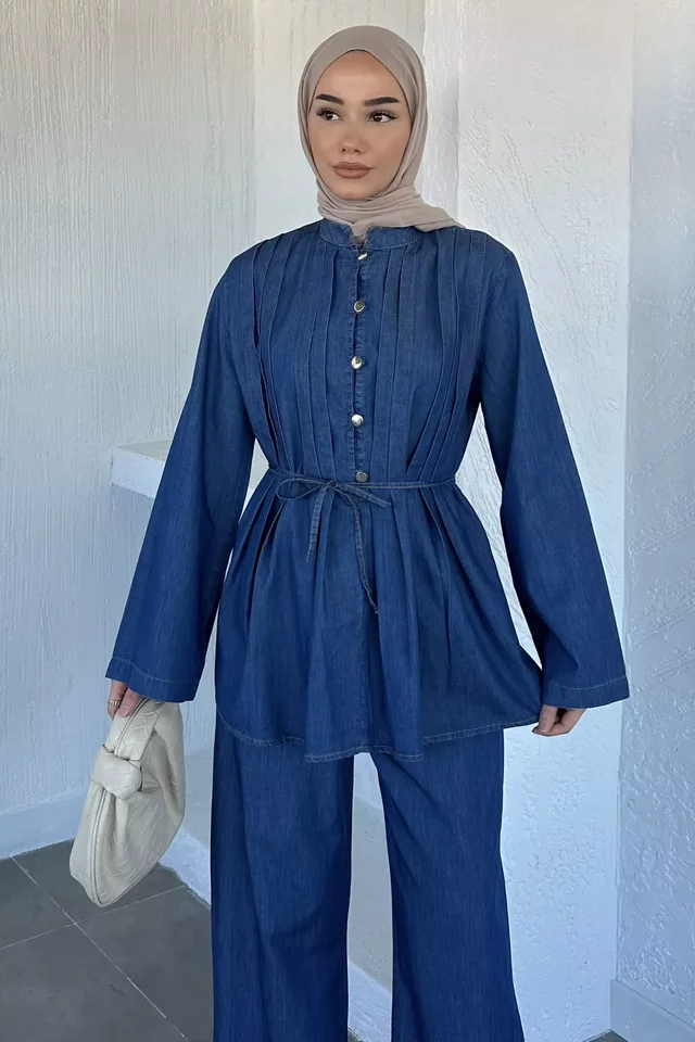 Ön Pileli Düğmeli Tunik Pantolon Tesettür İkili Takım - 2