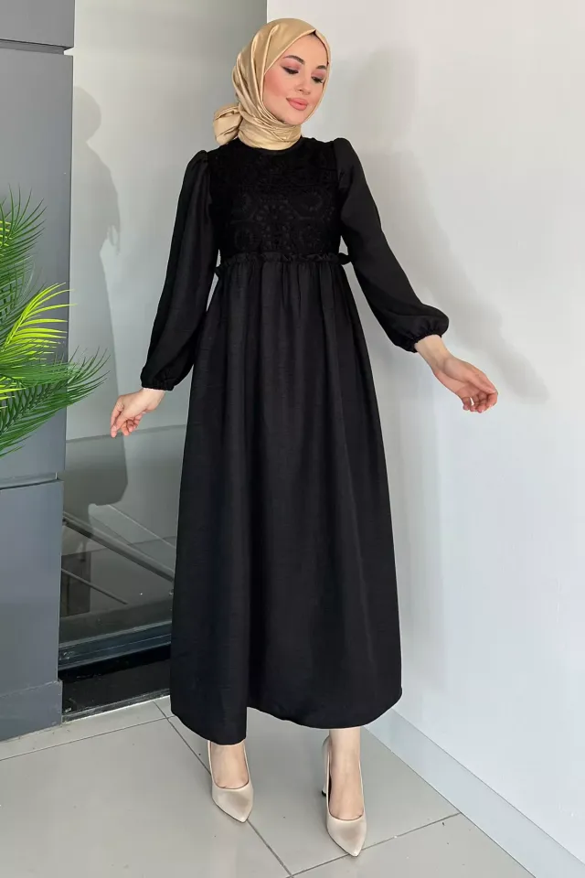 Önü Gübürlü Keten Uzun Kadın Elbise Siyah