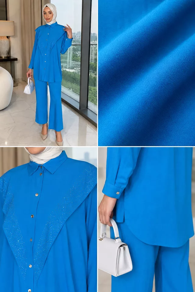 Önü Katlamalı Taşlı Tesettür Tunik Pantolon İkili Takım