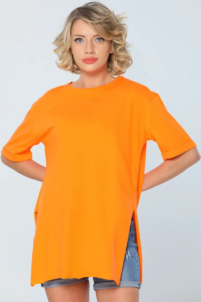 Kadın Bisiklet Yaka Yan Yırtmaçlı Uzun Basic T-shirt Orange