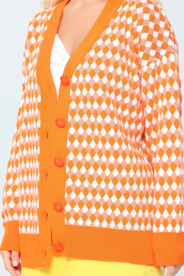 Kadın Oversize Likralı Geometrik Desen Kısa Triko Hırka Orange