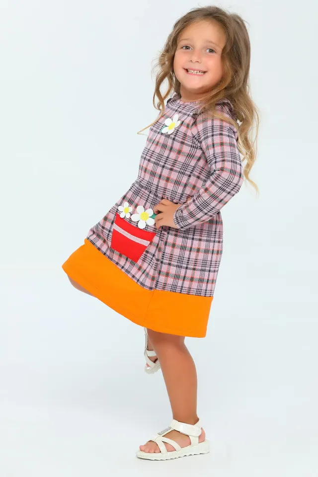 Kız Çocuk Ekose Desenli Çiçek Detaylı Elbise Orange