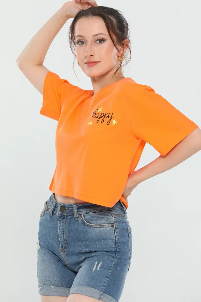 Kadın Bisiklet Yaka Nakışlı Salaş Crop T-shirt Orange