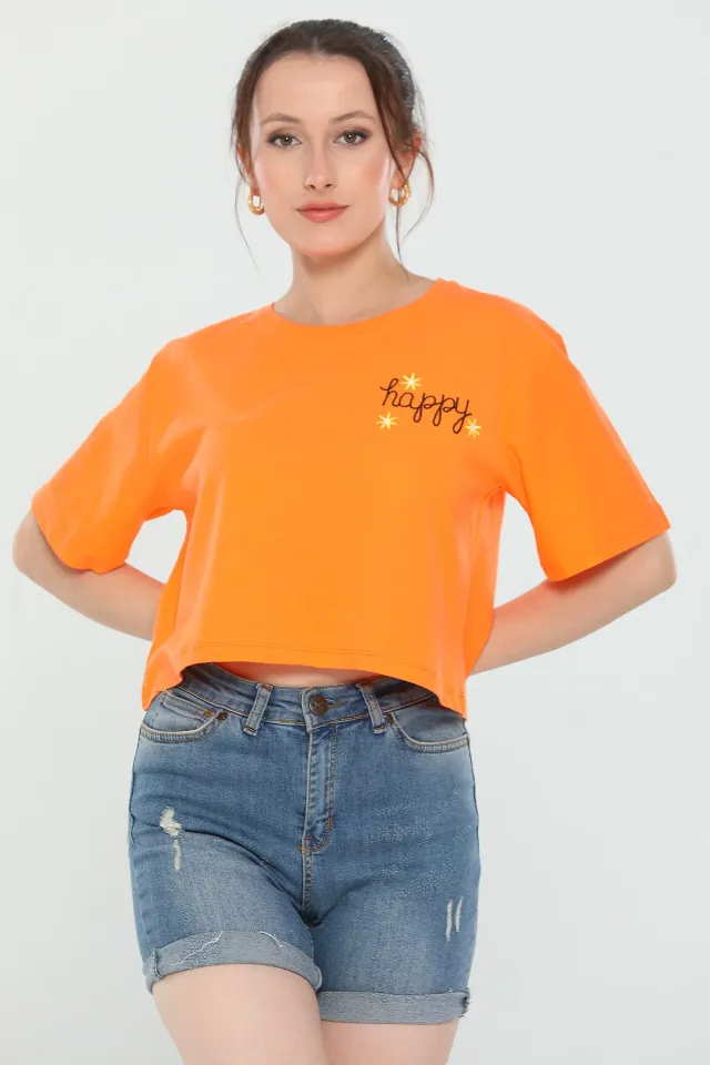 Kadın Bisiklet Yaka Nakışlı Salaş Crop T-shirt Orange