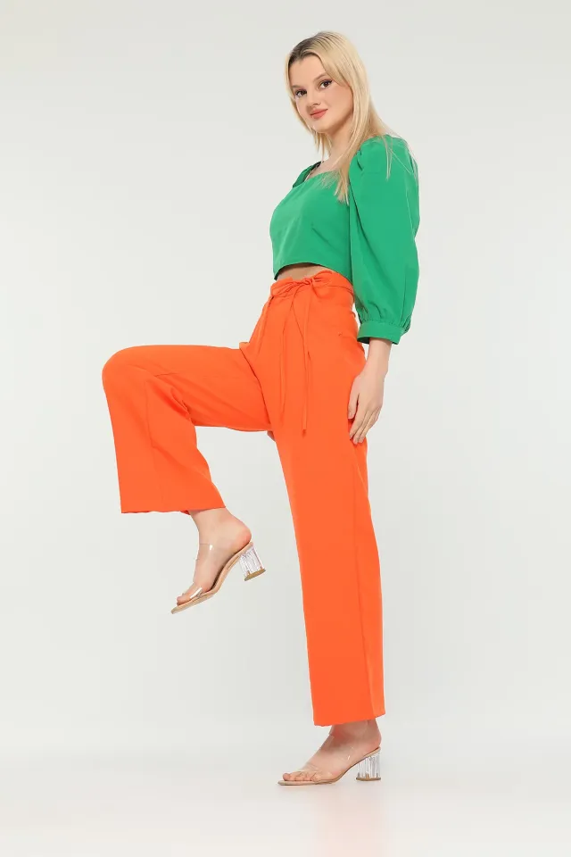Kadın Ekstra Yüksek Bel Kendinden Kemerli Bol Paça Pantolon Orange