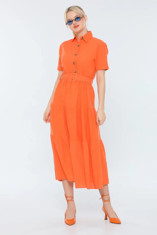Kadın Gömlek Yaka Kısa Kollu Keten Yazlık Elbise Orange