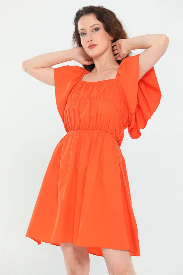 Kadın Kare Yaka Kol Volanlı Yazlık Mini Elbise Orange