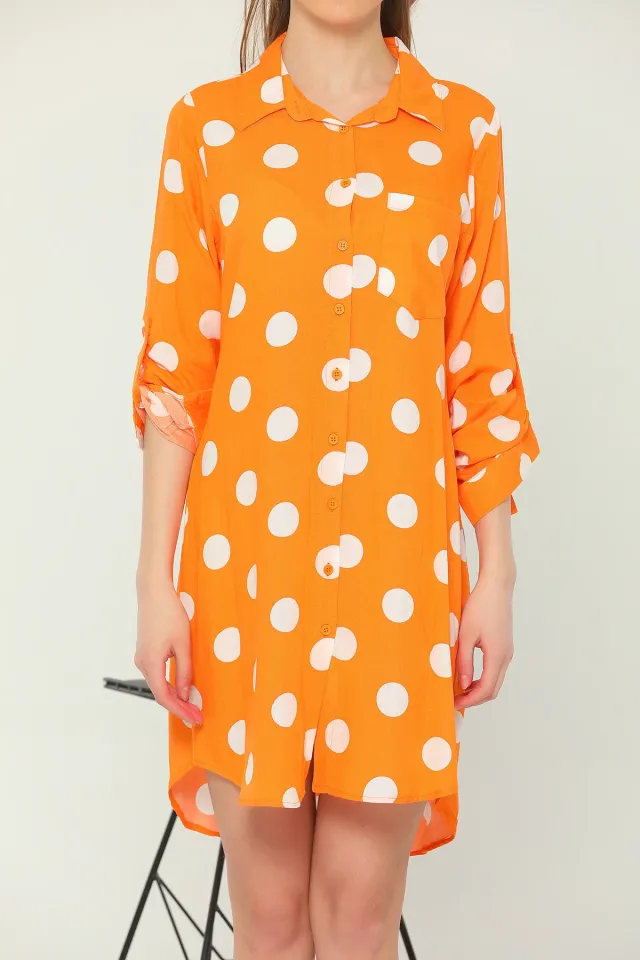 Kadın Kol Apoletli Puantiyeli Gömlek Tunik Orange
