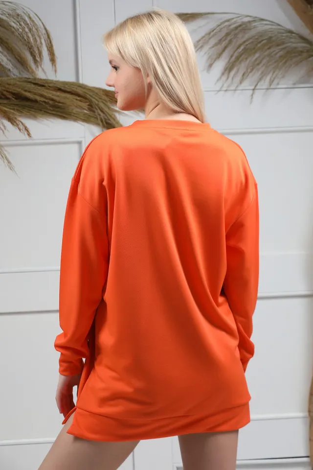 Kadın Likralı Oversize Bisiklet Yaka Mevsimlik Uzun Sweatshirt Orange