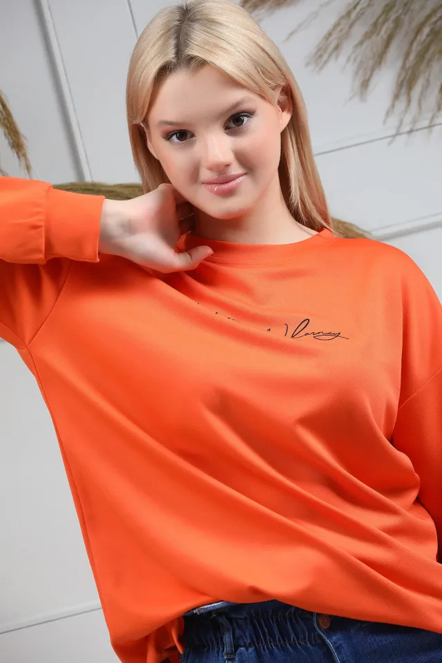 Kadın Likralı Oversize Bisiklet Yaka Mevsimlik Uzun Sweatshirt Orange