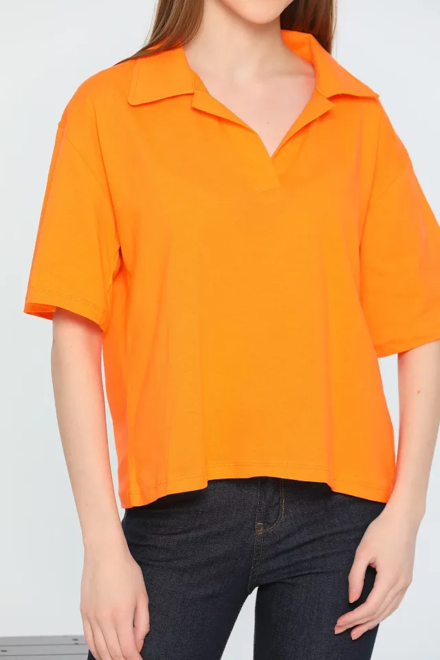 Kadın Likralı Polo Yaka Salaş Bluz Orange