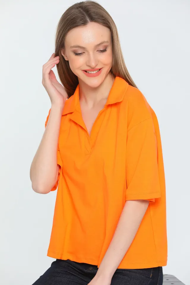 Kadın Likralı Polo Yaka Salaş Bluz Orange