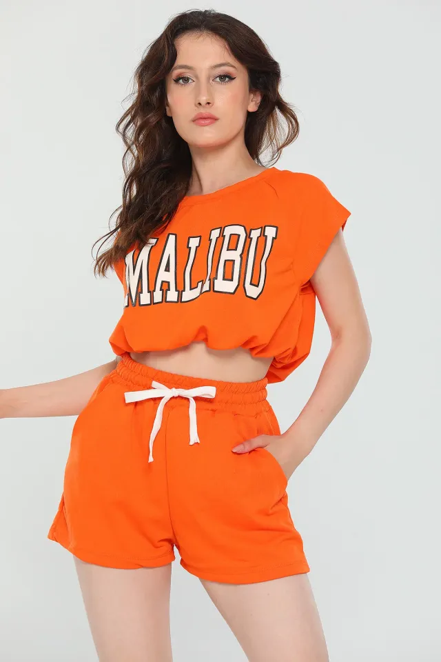 Kadın Likralı Sıfır Kol Baskılı T-shirt Şort Alt Üst İkili Takım Orange