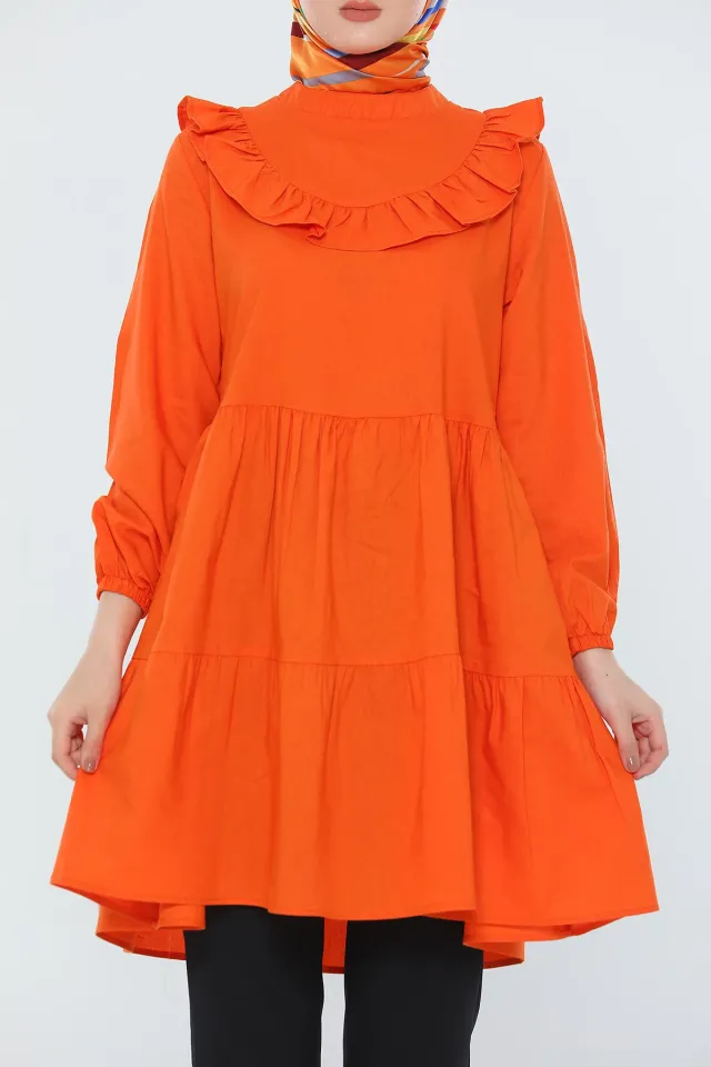 Kadın Modest Ön Arka Fırfırlı Eteği Katlı Salaş Tesettür Tunik Orange