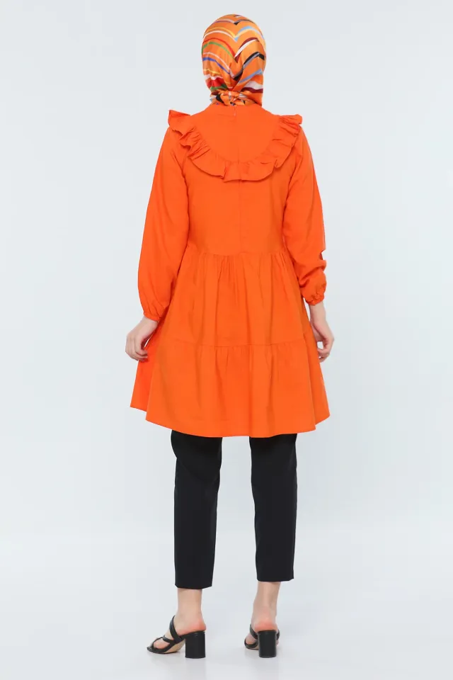 Kadın Modest Ön Arka Fırfırlı Eteği Katlı Salaş Tesettür Tunik Orange