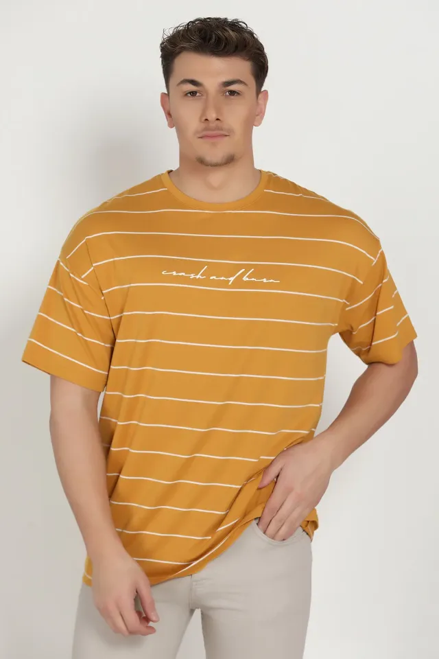Oversize Çizgili Erkek T-shirt Hardal