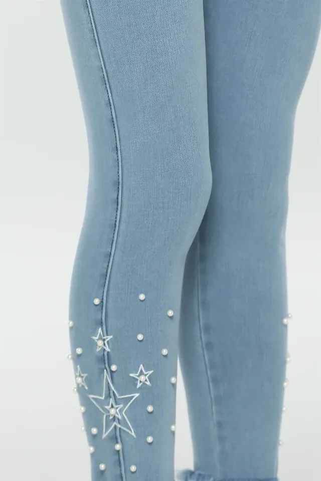 Paça Yıldız Nakışlı Jeans Pantolon Buzmavisi