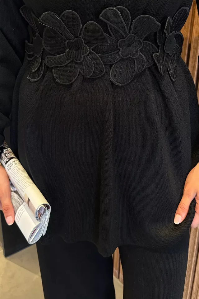 Papatya Aplikeli Tunik Pantolon Triko Tesettür İkili Takım (s,m,l,xl Uyumludur)