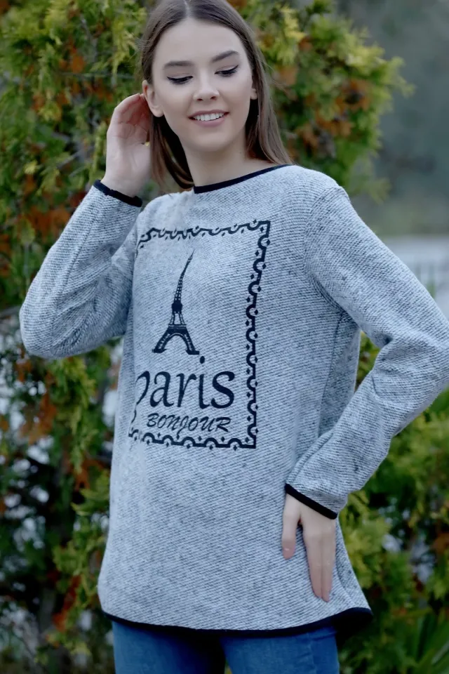 Paris Basklı Sweatshirt Gri