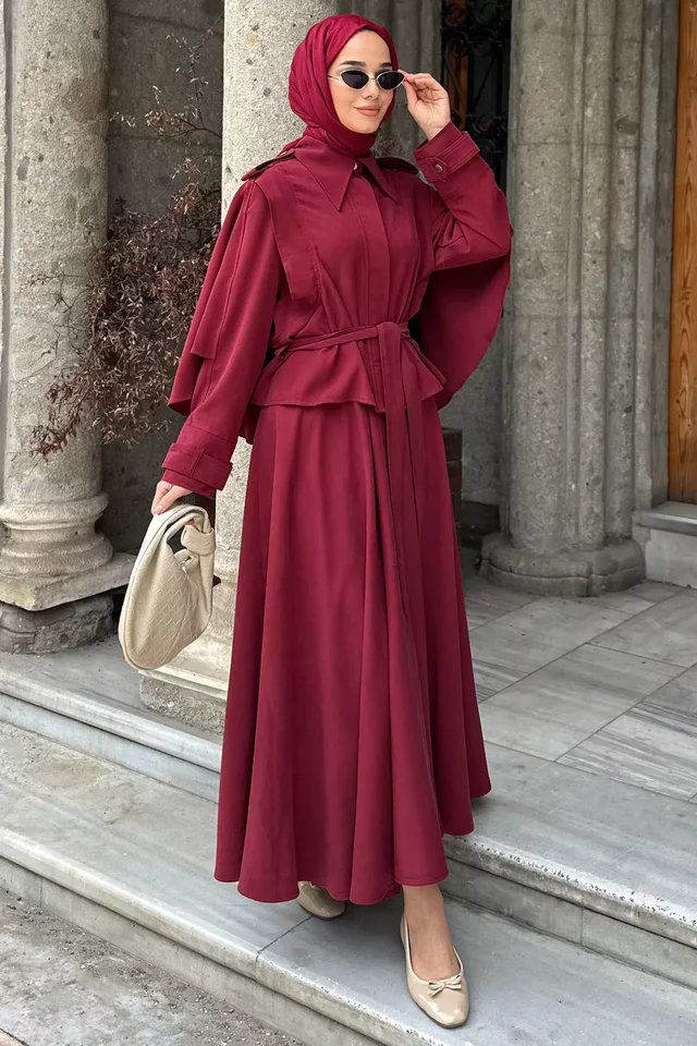 Pelerinli Ve Kemerli Ceket Etek Tesettür İkili Takım
