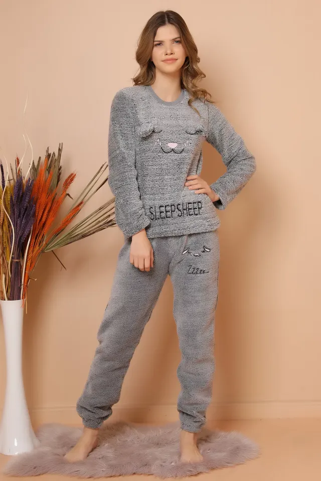 Peluş Pijama Takım Gri