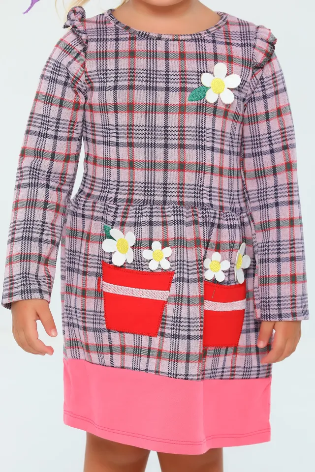 Kız Çocuk Ekose Desenli Çiçek Detaylı Elbise Pembe
