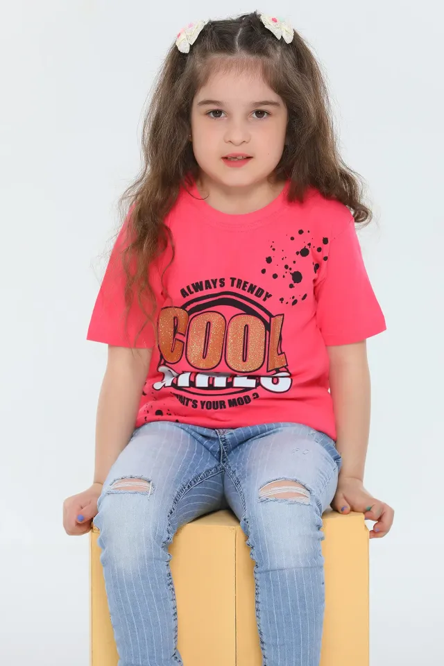 Kız Çocuk Likralı Bisiklet Yaka Baskılı T-shirt Pembe