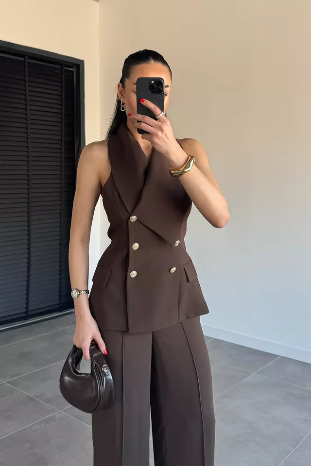 Perry Kadın Gold Detaylı Yelek Pantolon İkili Takım