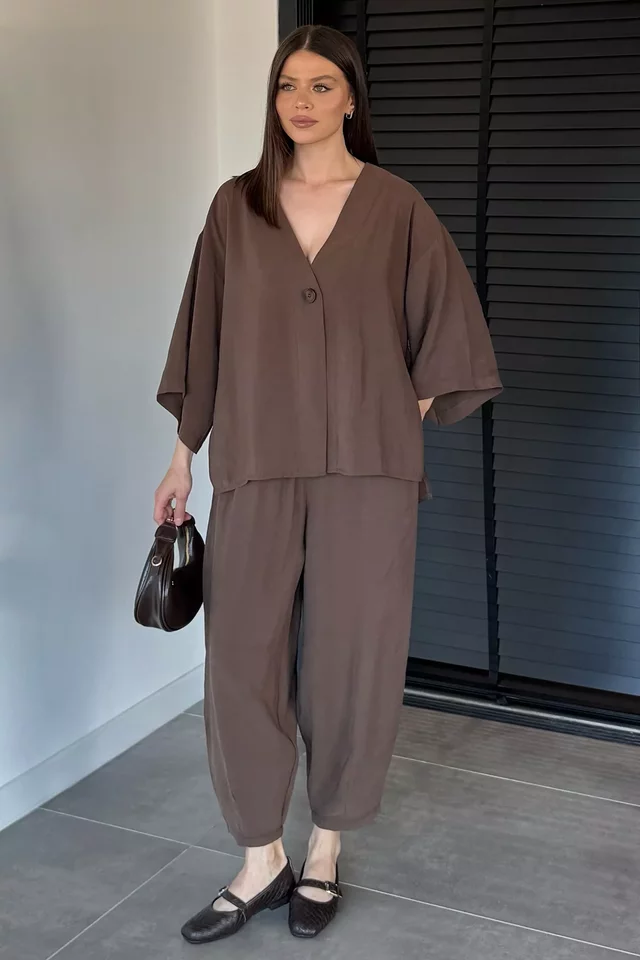 Perry Kadın Kısa Kol Oversize Bluz Havuç Pantolon İkili Takım - 1