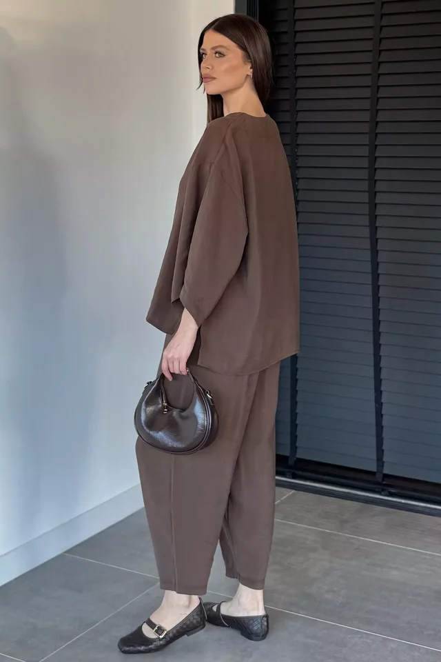 Perry Kadın Kısa Kol Oversize Bluz Havuç Pantolon İkili Takım
