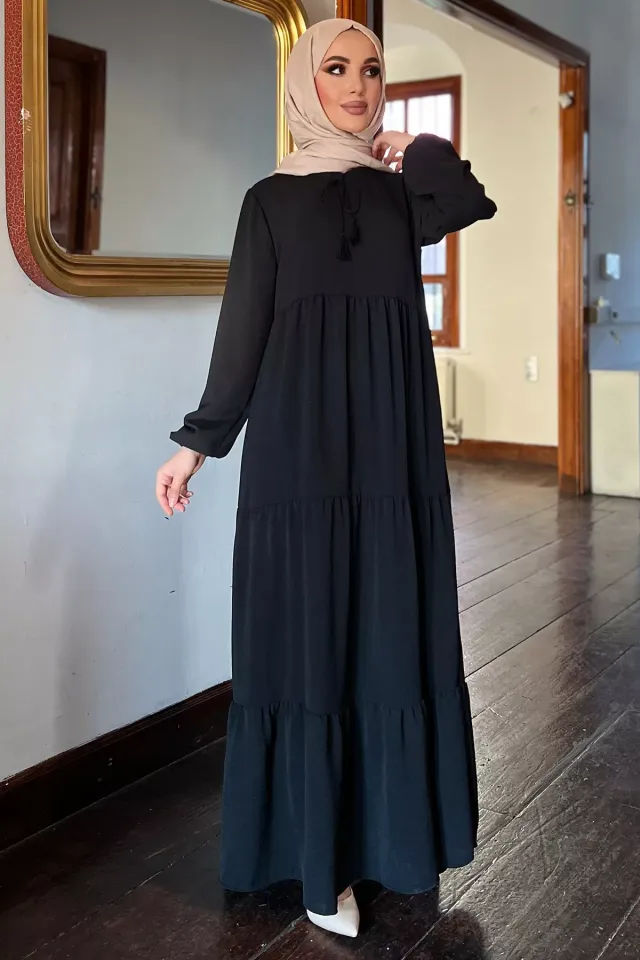 Pileli Bilekleri Lastikli Kadın Elbise Siyah