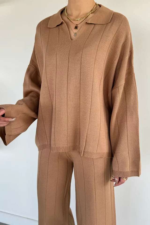 Polo Yaka Bluz Pantolon Triko İkili Takım - 1
